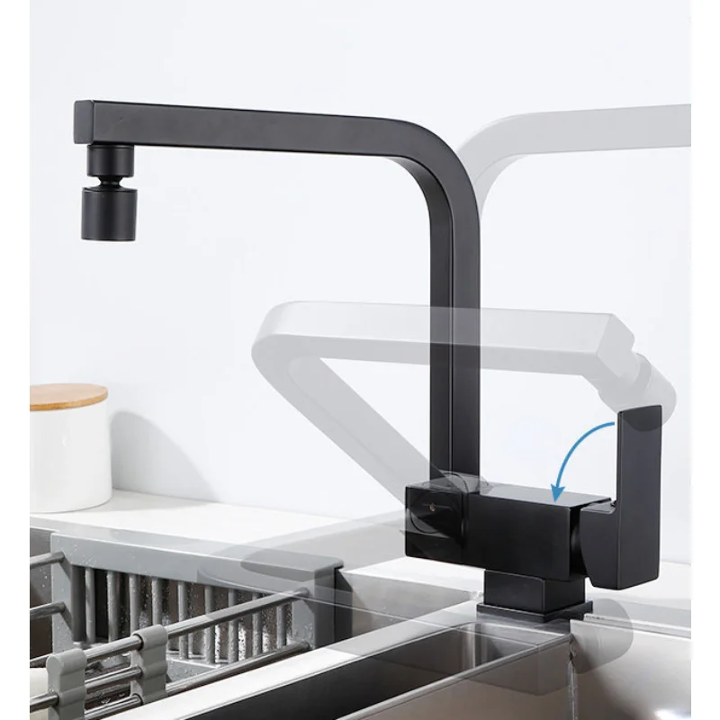 Black Folding Kitchen Faucet Thickened Brushed Square  Hot And Cold Brass Arbitrarily Rotation Vegetable Basin