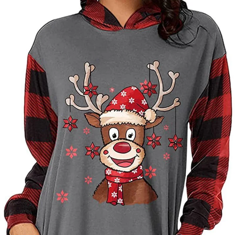 Women Autumn and Winter Fashion New Hooded Pullover Contrast Printing Pockets Splicing Christmas Long-sleeved Sweatshirt