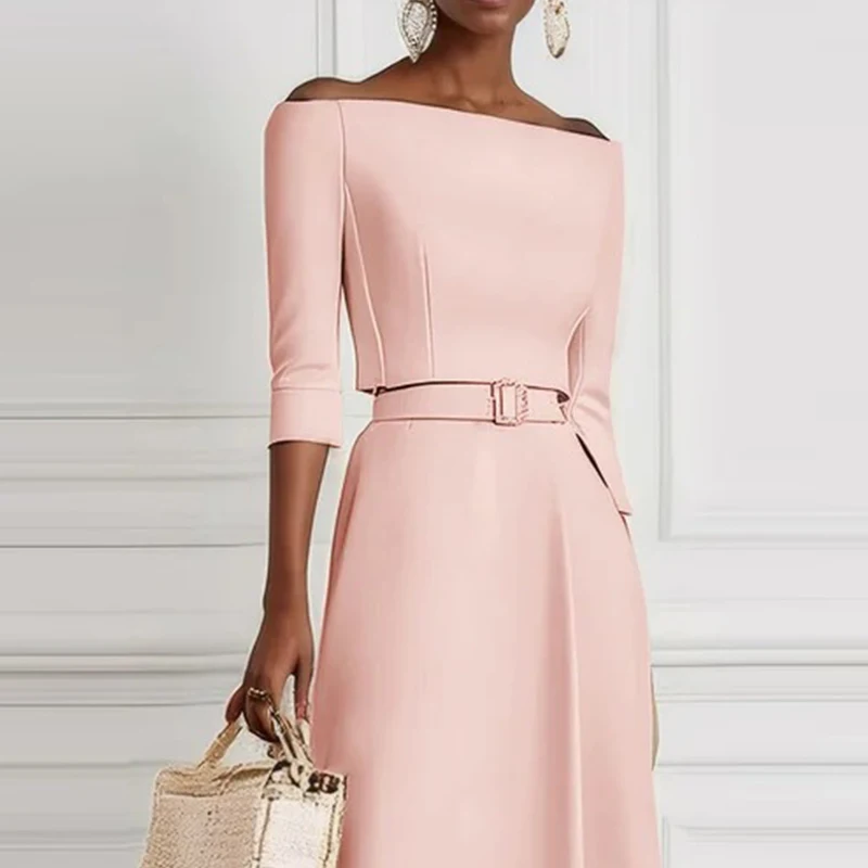 مكتب السيدات أنيقة الصلبة عالية الخصر فستان الحفلات 2025 الربيع طاقم الرقبة جوفاء فستان طويل الخريف كم طويل ألف خط فستان ماكسي