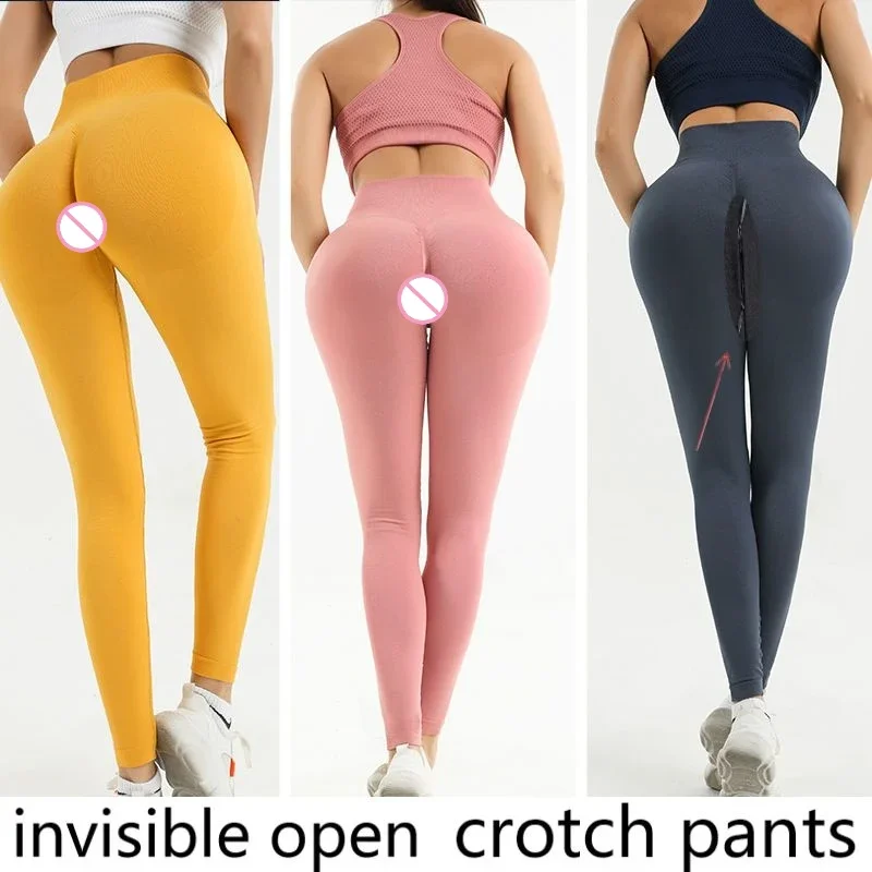 Women Sexy Open Crotch Leggings Outdoor Knitted Autumn Peach Hip Sports Invisible Double Zipper Workout Pants Tight Gym Trousers