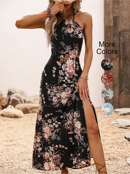 Women's Floral Print High Slit Thigh Halter Dress - Summer Sleeveless Sexy Bodycon Beach Party Clubwear 1