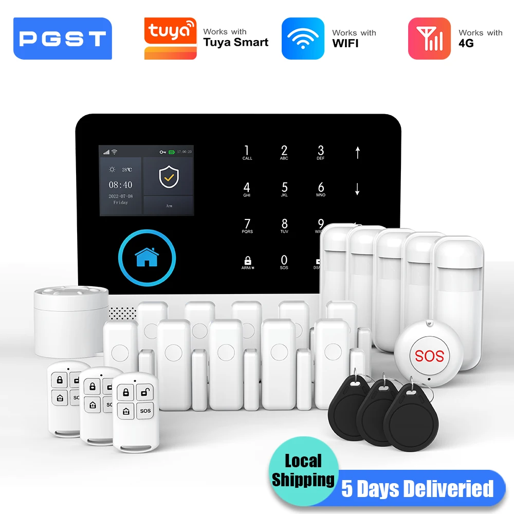 PGST système alarme anti vol WiFi 4G Works with Tuya Smart Life pack sécurité sans fil intelligent protection domicile local commercial capteurs porte fenêtre surveillance à distance par téléphone 1