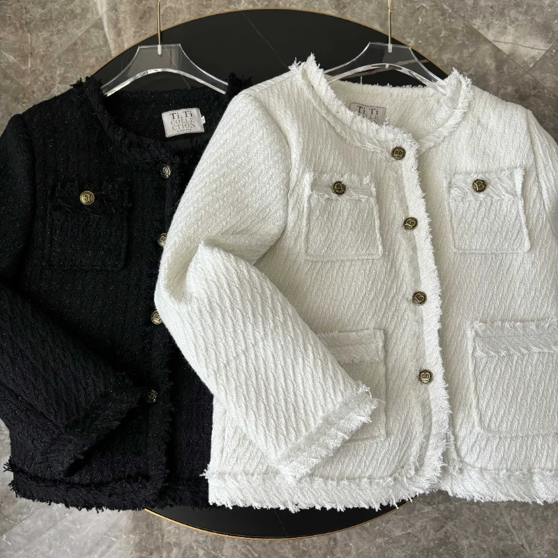 White Small Fragrant Quilted Coat Autumn Winter O Neck Tassel Casual Gray Black Long-sleeved Simple Basic French Women Jacket