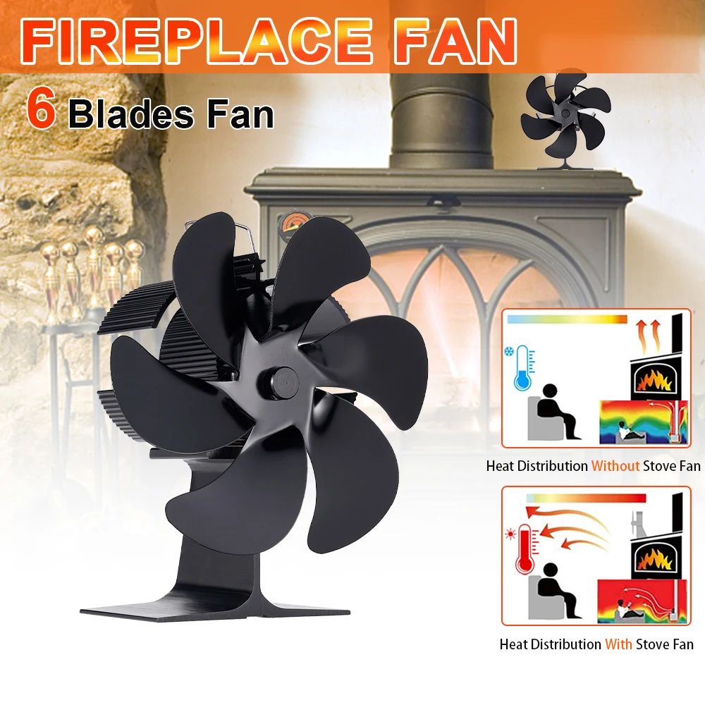 

6 Blades Heat Powered Stove Fan Black Fireplace Log Wood Burner Eco-fan Quiet Home Fireplace Fan Efficient Heat Distribution