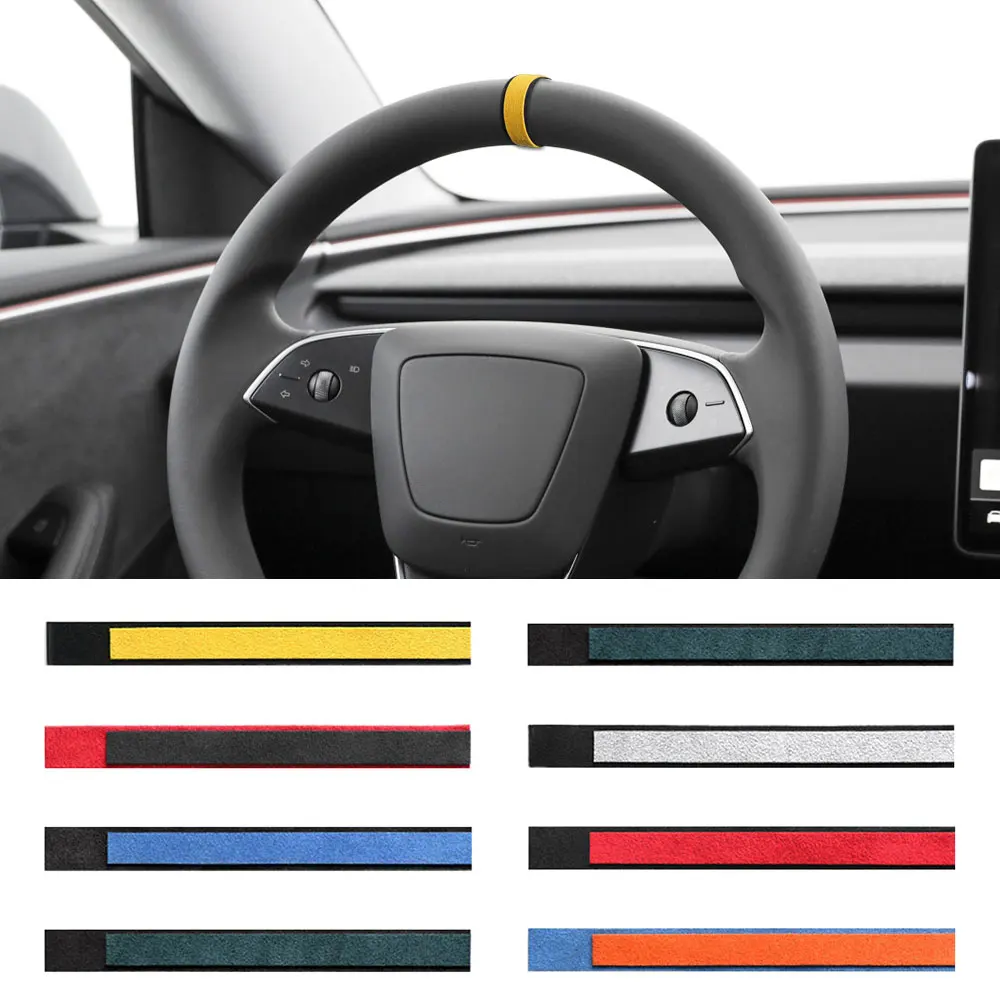 Marcador superior del volante del coche Alcantara para Tesla Model Y Model 3 X S, línea central, marcado rojo, accesorios de decoración de súper gamuza