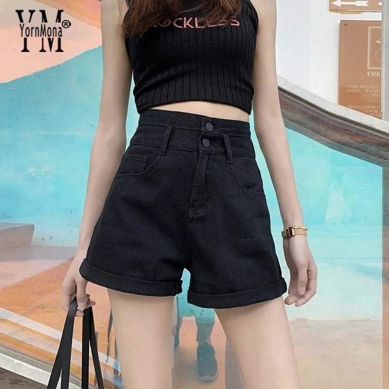 

YornMona Chic Summer High Waist Denim Shorts Women White Black All Match Crimping Jeans Shorts Korean Ladies Bottoms