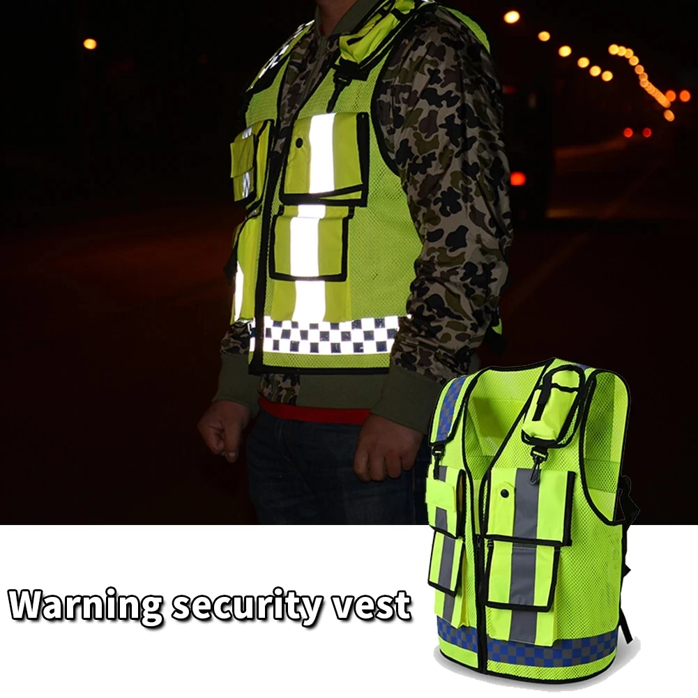 Police Reflective Vest High Visibility Reflective bonded multiple pockets Vest Mens Construction Worker Night Runner Safety reflective vest