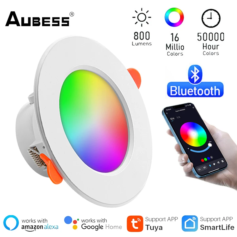 Aubess 10W LED Downlight Bluetooth-Compatible LED Ceiling Lamp Tuya RGB Dimmable Recessed Round Light Works With Smart Life APP