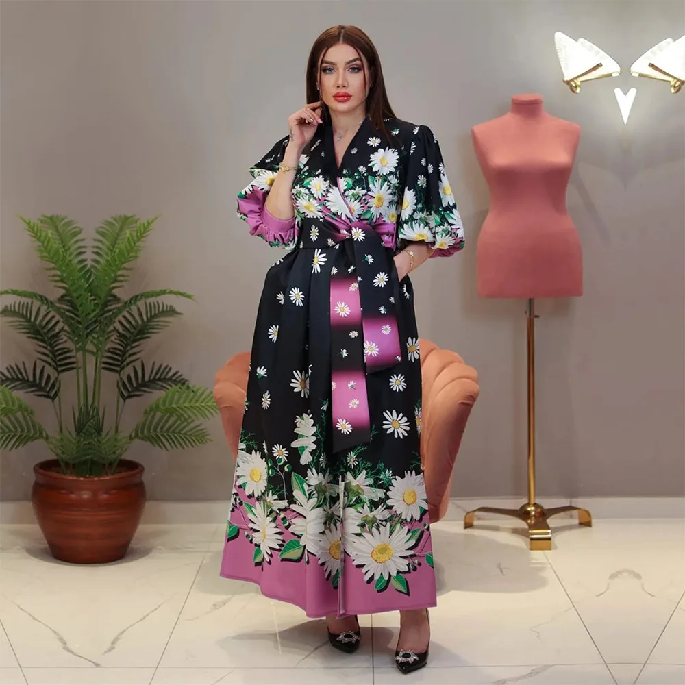 

Women Dress Muslim Office Lady Print Long Dress Dubai Arab Spring 2024 New Fashion 5/4 Sleeve Robe Dress Middle East Clothing
