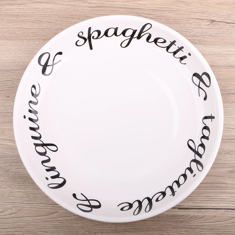Unique 12.6 Inches Large Ceramic Plate Salad Soup Plate with Letter Pattern Design Includes Premium Acacia Wood Fork and Spoon