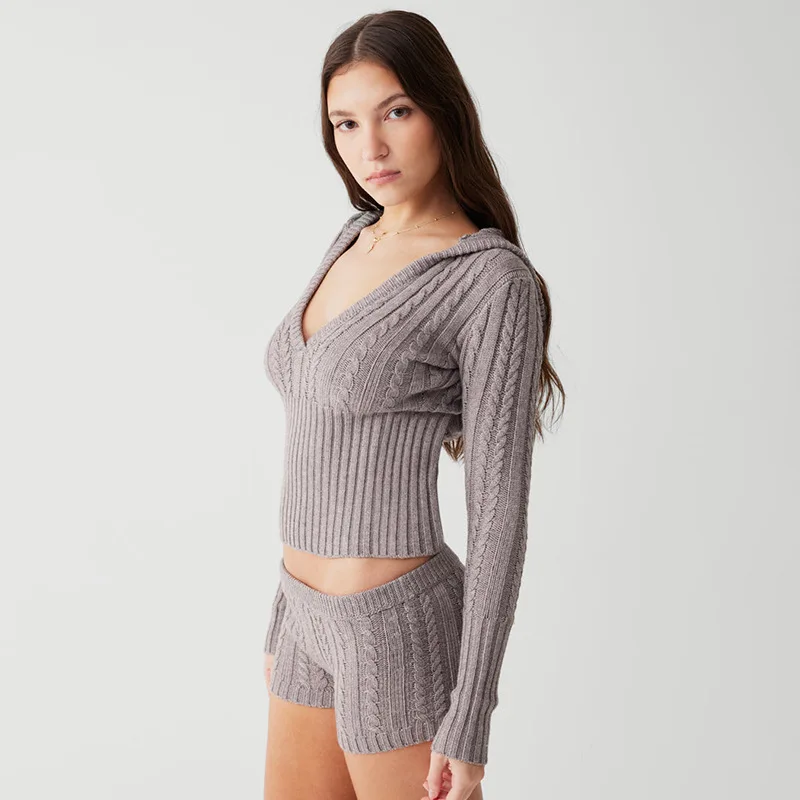 Fried Dough Twists Knitting Two Piece Set Women Sexy V Neck Long Sleeve Hooded Sweaters Crop Tops and Shorts Casual Street Suits