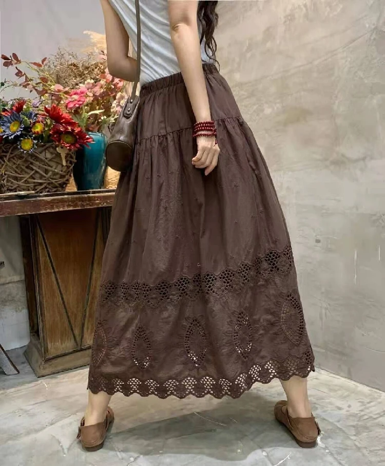 Ladies Skirt 2022 Summer Embroidery Cotton Linen Casual A line Hollow Out Casual Thin Long Skirt Female YoYiKamomo golf skirt