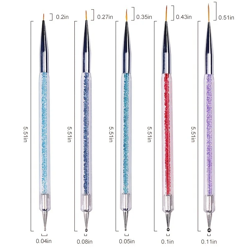5pcs/Set 2 In 1 Dual-Ended Nail Art Liner Brushes With Crystal Handle Professional UV Gel Dotting Painting Drawing Pen DIY Tools 6