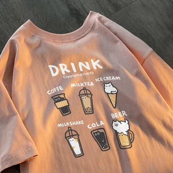 Women's Korean Drink Cat Letter Print Loose Short Sleeve T-Shirt Summer Soft Comfort Shirt 1