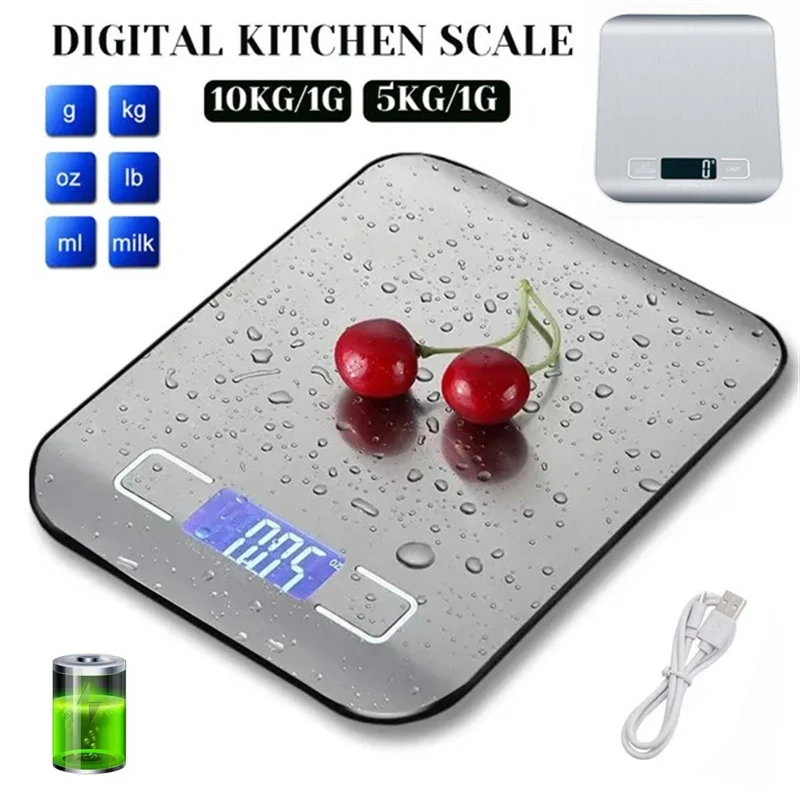 Balança de cozinha digital, display lcd, painel de aço inoxidável, carregamento usb, plataforma pequena precisa, portátil, multifunções, 5 10kg