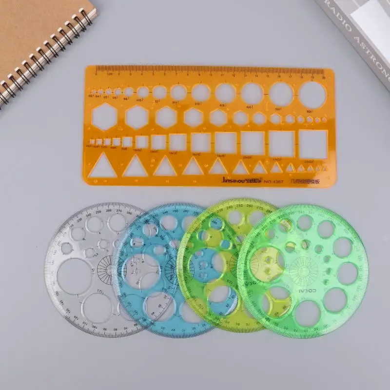 [E] 1/2/3Pcs 원형 그리기 모양 기하학적 그리기 스텐실 도구 다기능 기하학적 템플릿 플라스틱 측정 자