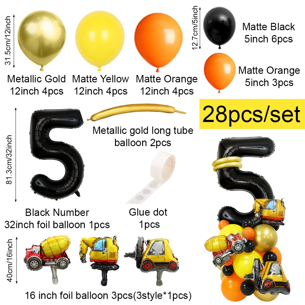 28-teiliges Set Baustellen-Thema 32-Zoll-Zahlen-LKW-Bagger-Turm mit schwarzen Ballons für Geburtstagsfeier-Dekorationen und Geschenke – Detail 10