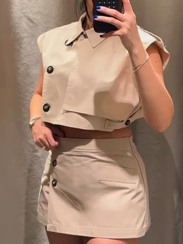 ZBZA Women Motorcycle Cropped Vest Shorts Suit Lapel Single-breasted Top Hidden Zipper A-line Shorts Summer New Female Chic Set