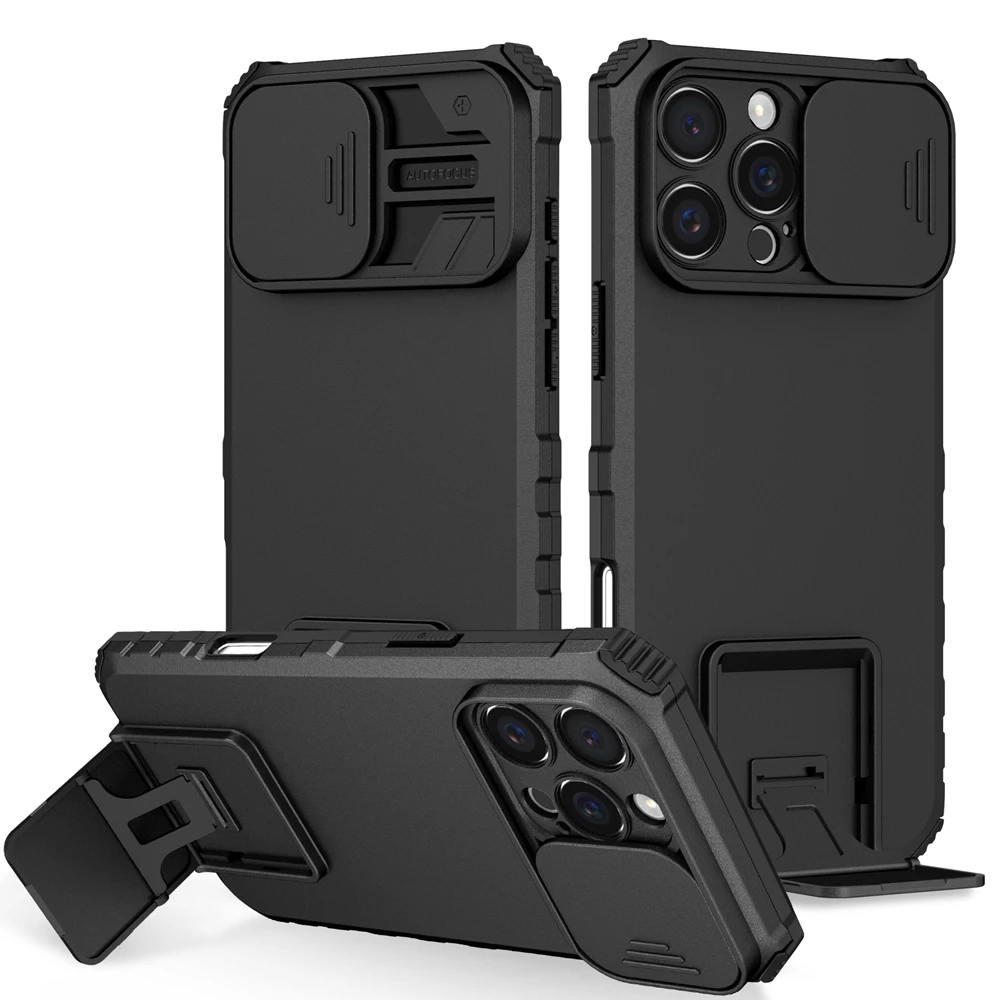 Slide Camera Protection Armor Phone Case - Durable Hard Cover with Plastic Holder