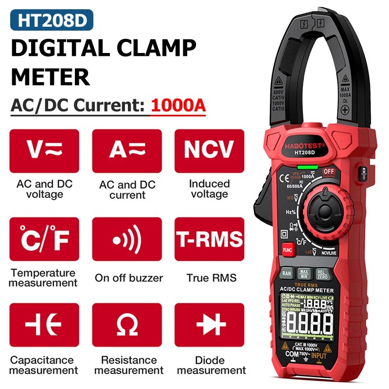 digital multimeter HT208D Digital Clamp Meter 1000A AC DC Current Two color Backlight True RMS Capacitance Temperature NCV Clamp Voltage Tester