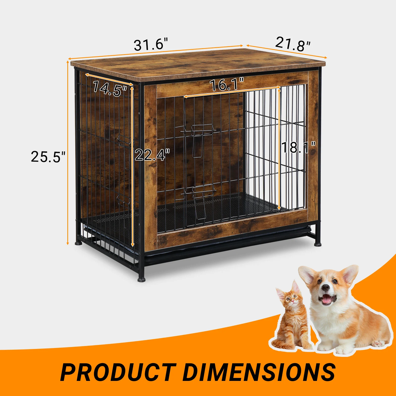 Dog&Cat Crate Furniture with Cushion, Wooden Dog Crate Table, Double Doors cat Furniture, Indoor cat Kennel, Dog House, Cage