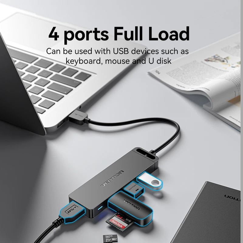 Hub USB 3.0 VENTION USB Multiples Ladron USB 2.0 con 4 Puertos  Multiplicador USB Multiple para PC/Macbook/Mac Mini/Pro/Pen Drive/Surface
