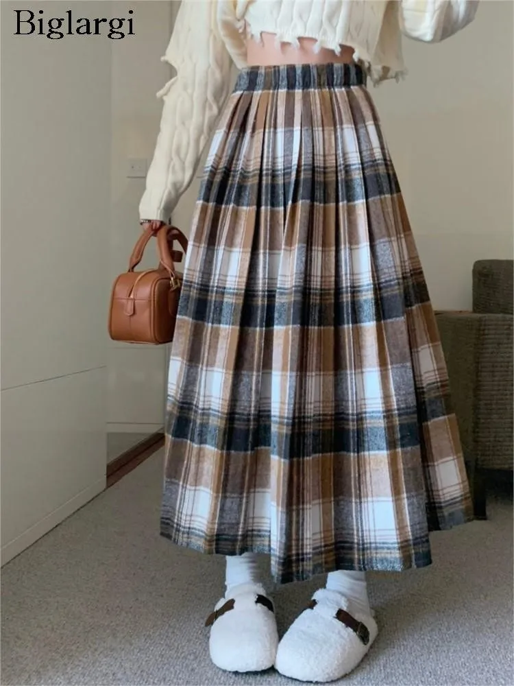 

Wool Autumn Winter Long Skirts Women Striped Plaid Print Korean Ruffle Pleated Ladies Skirts Casual Modis High Waist Woman Skirt