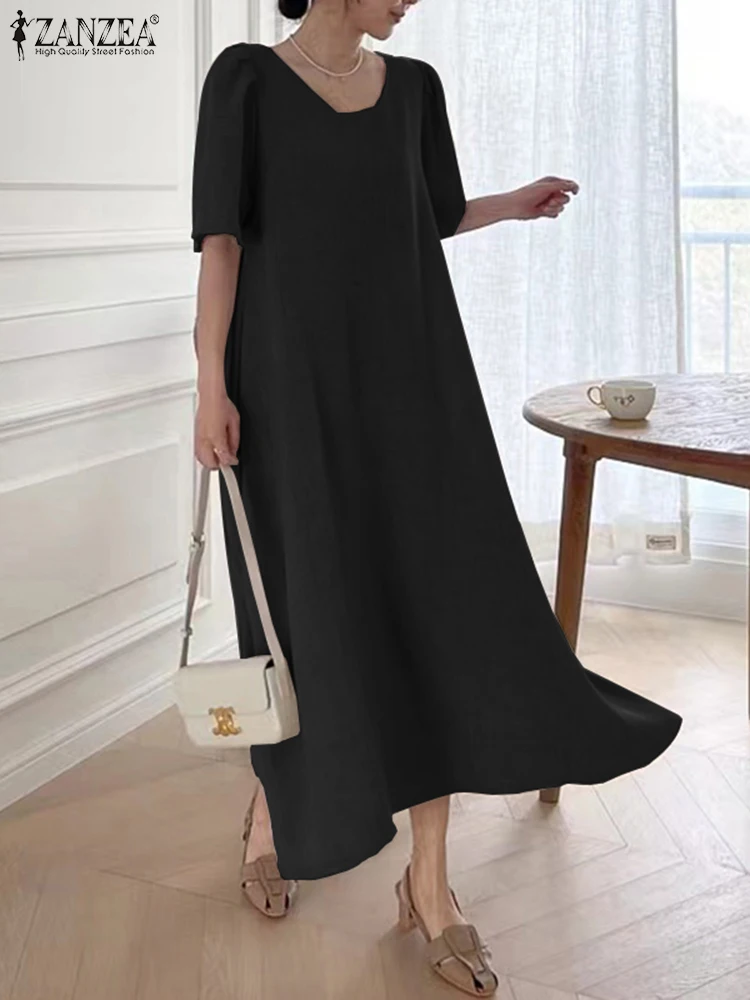 

ZANZEA Women Casual Elegant Solid Party Midi Vestido Summer Fashion Office Dress O Neck Puff Sleeve Sundress Robe Femme Oversize