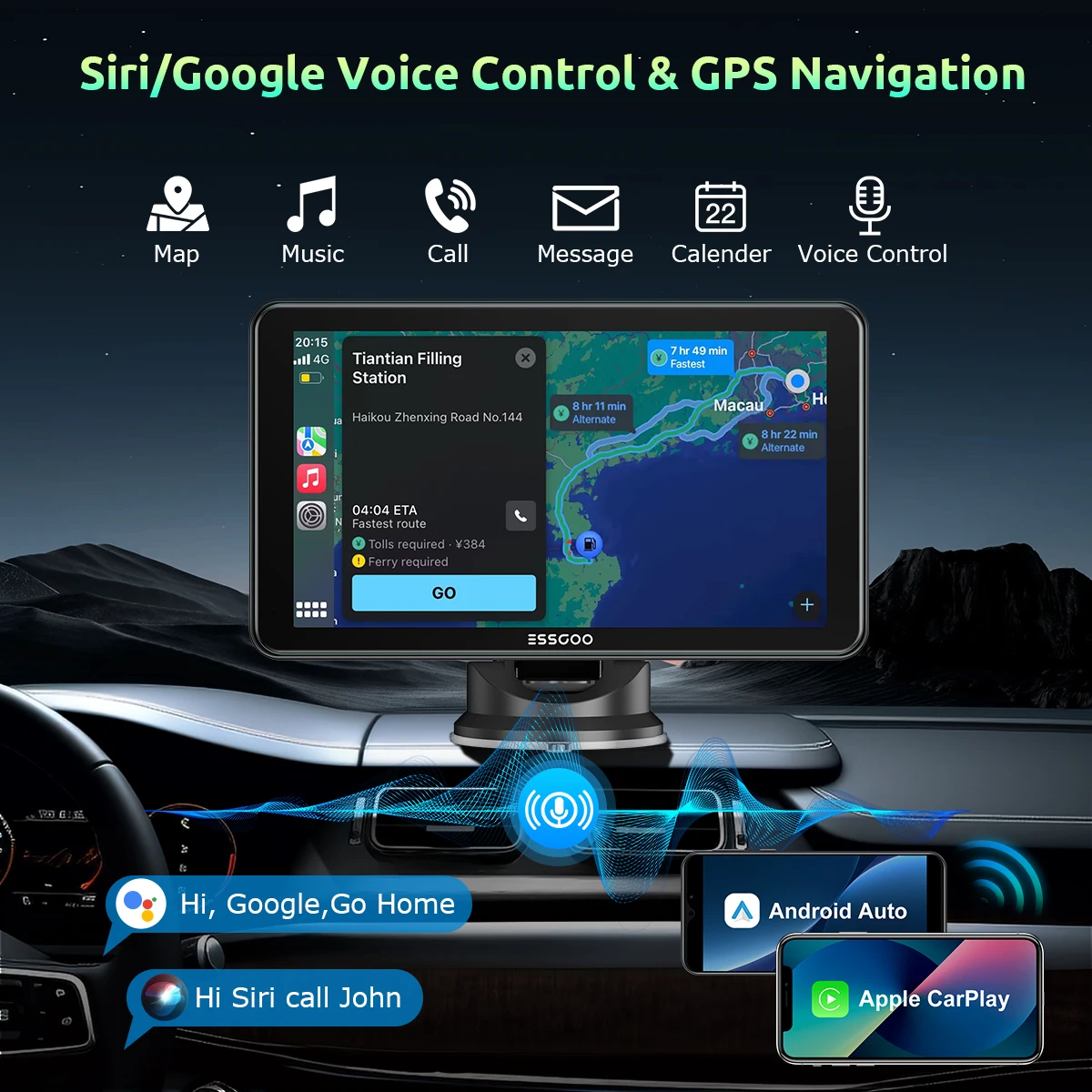 ESSGOO Radio Estéreo para Auto Universal Portátil con Pantalla Táctil 4K de 7 Pulgadas, Carplay Inalámbrico, Android Auto, BT, Mirror Link, AUX, Control por Voz, FM 3