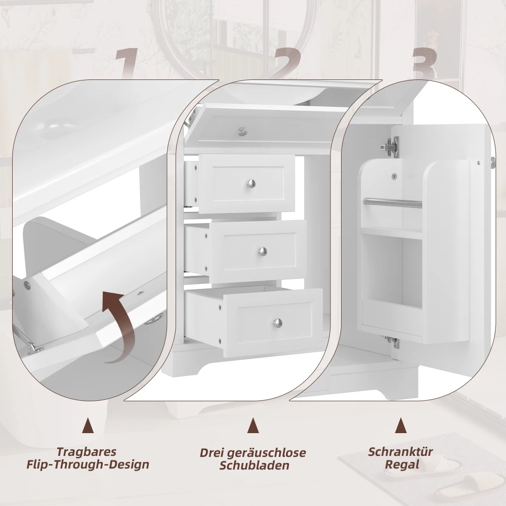 76 x 46 x 87 cm, bodenstehender Badezimmerschrank mit Waschbecken, feuchtigkeitsbeständig lackiert, sanft geschlossene Schubladen, Türregale, ausklappbare Schublade – Detail 32