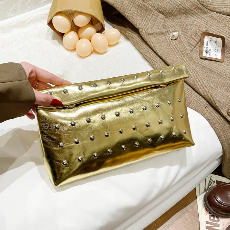 Elegant Glitter PU Leather Clutch with Rivet Detailing