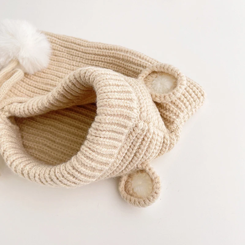 Baby Kid Knit Hooded Scarf Girl Boy Pom Pom Drawstring Hat Scarves Winter Child Outside Warm Accessories Wear 1-5T