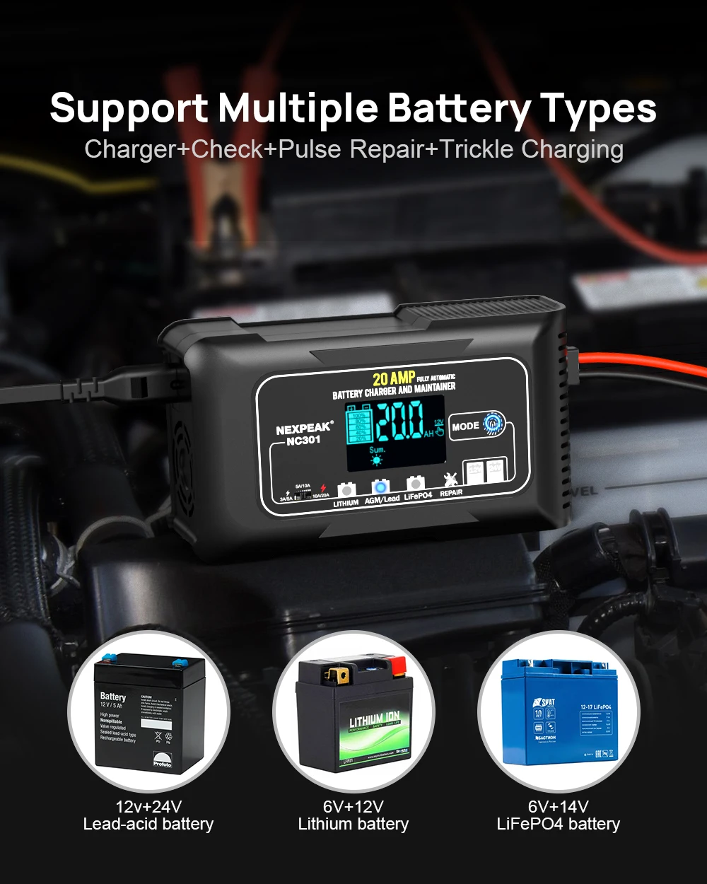 Auto Battery Charger 6V 12V 24V 20A For Motorcycle Auto Lead Acid AGM Lithium LiFePo4 Batteries car battery accessories