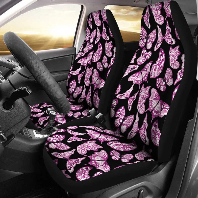 

Black With Magenta and White Butterflies Car Seat Covers,Pack of 2 Universal Front Seat Protective Cover