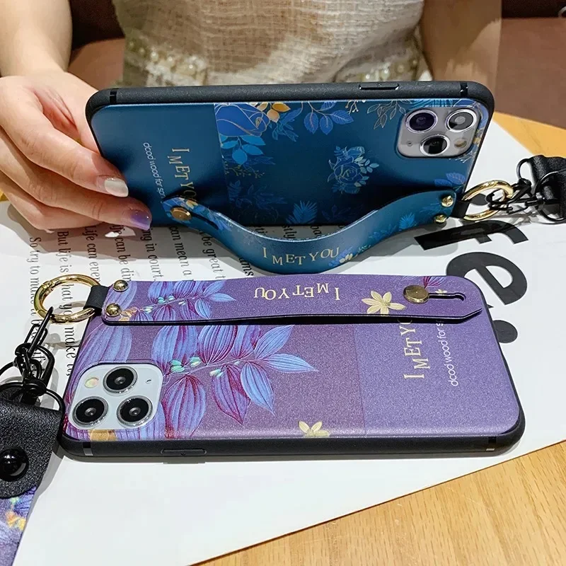 Floral Leaf Lanyard Phone Case with Wrist Strap Holder