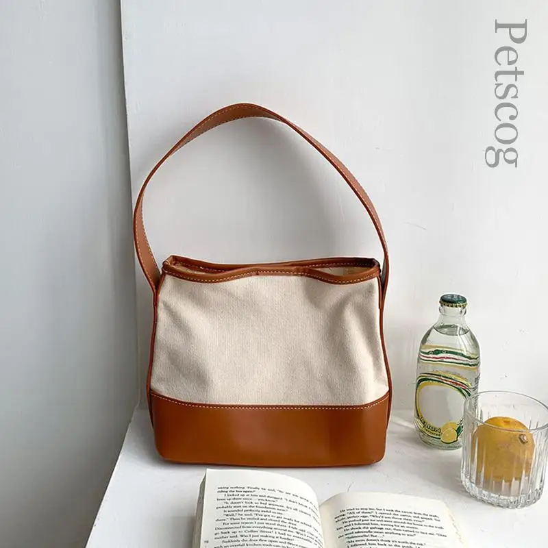 

Fashion Trend Women's Handbags Canvas Pu Leather Stitched Shoulder Bag Large Capacity Casual Underarm Bags Luxury Design Bags