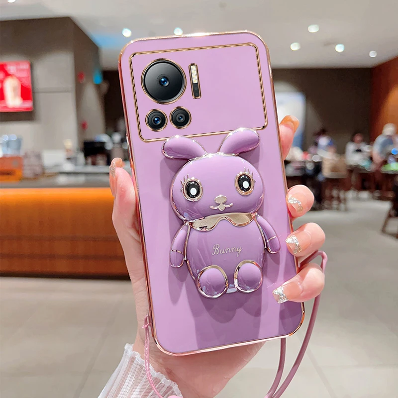 

For Infinix Note 12 Vip Phone Case Cute Cartoon Rabbit Fold Stand With Lanyard Soft Silicone Luxury Plating Cover