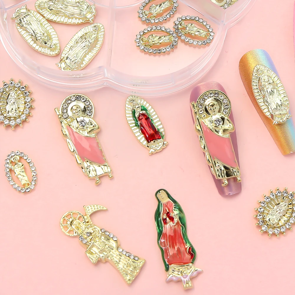 San Judas Virgin Mary 3D 네일 참 키트, 금속 합금 라인석 쥬얼리, 골드 및 레드 부처 원석, DIY 아크릴 손톱용, 21 개