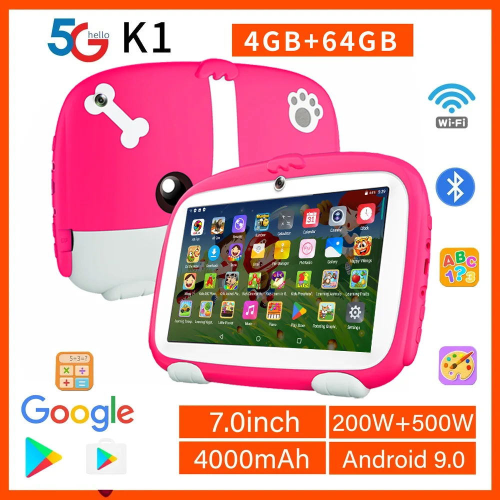 BDF 5G 와이파이 K1 태블릿, 7 인치 어린이 태블릿 PC, 안드로이드 9.0 태블릿 PC, 64GB, 멋진 디자인 학습 엔터테인먼트 선물 
