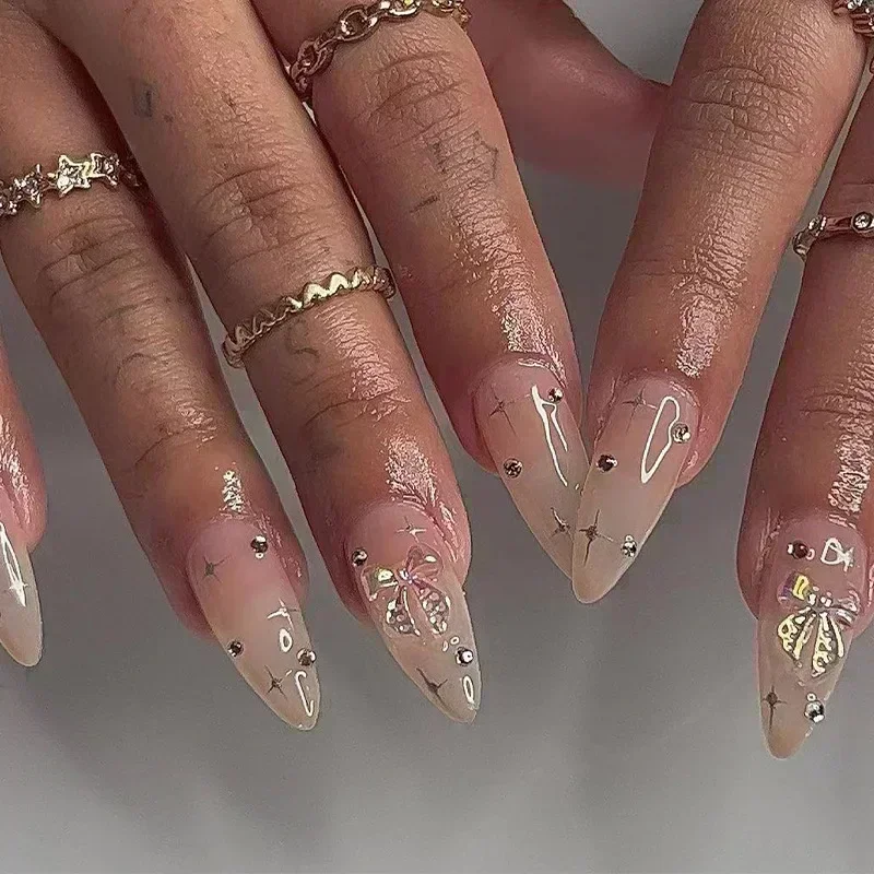 Fake Nails False Nails Nail Tips 24pcs Almond Press on Bowknot Wearable Stick-on U&ntilde;as Накладные Ногти Faux Ongles 네일팁
