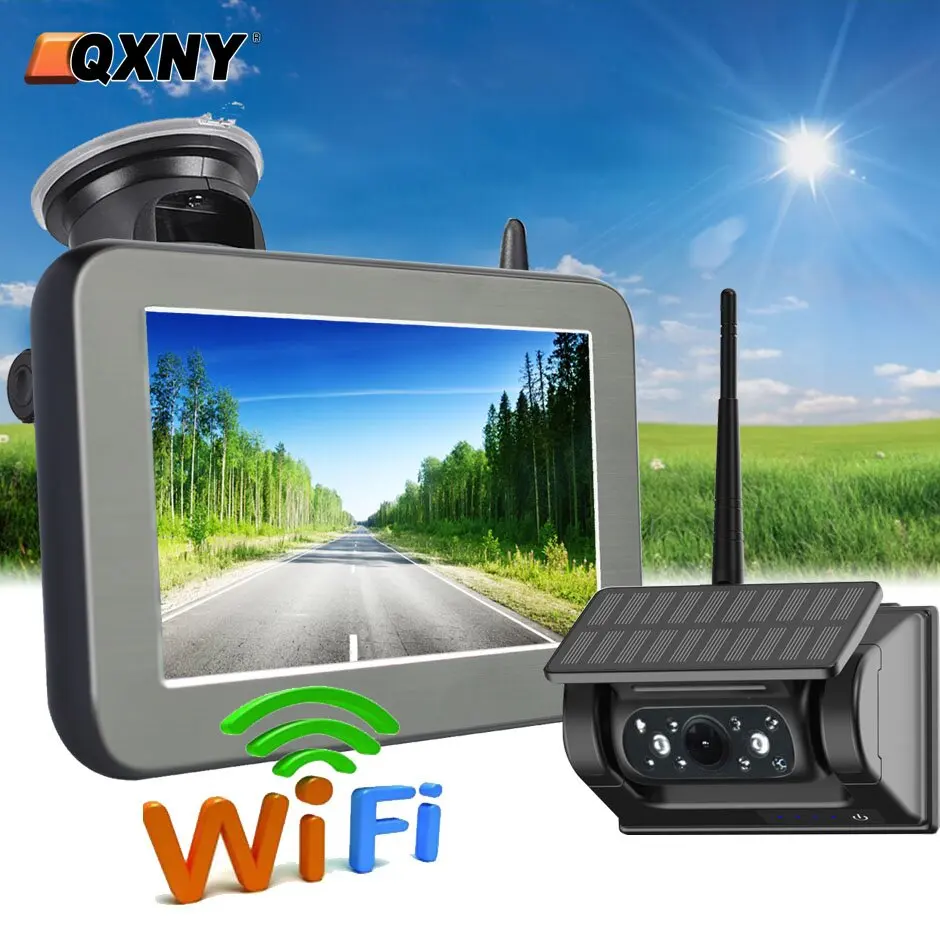 Solar Wireless Backup Camera Powered Energy Magnet Reverse AHD 5" Rear View DVR Recording Monitor for Camper Tow Truck/Trailer