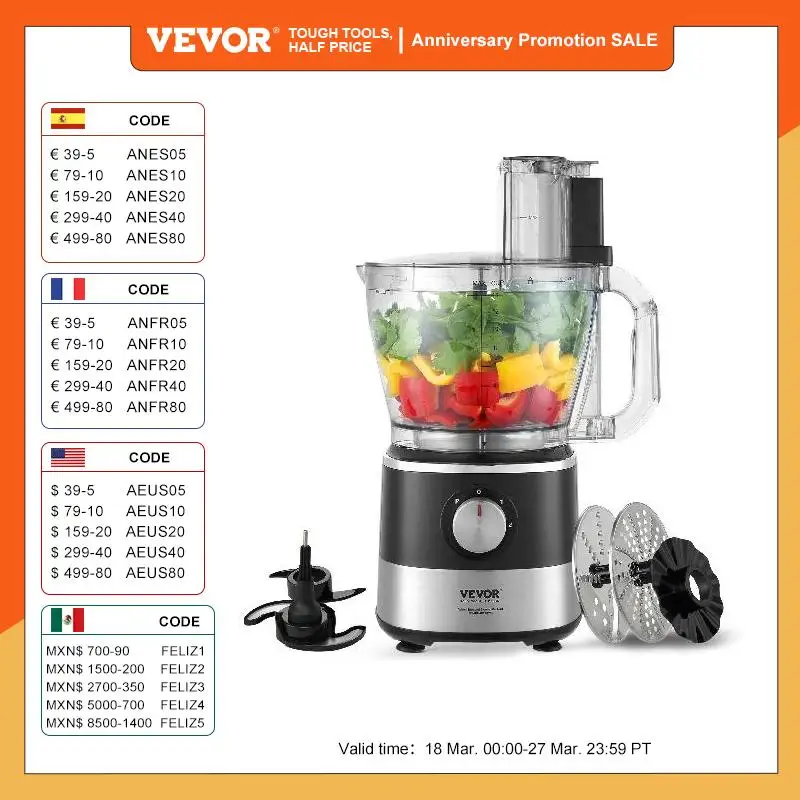 VEVOR Food Processor 14-Cup Vegetable Chopper for Chopping Mixing Kneading Dough 600 Watts Stainless Steel Blade Professional