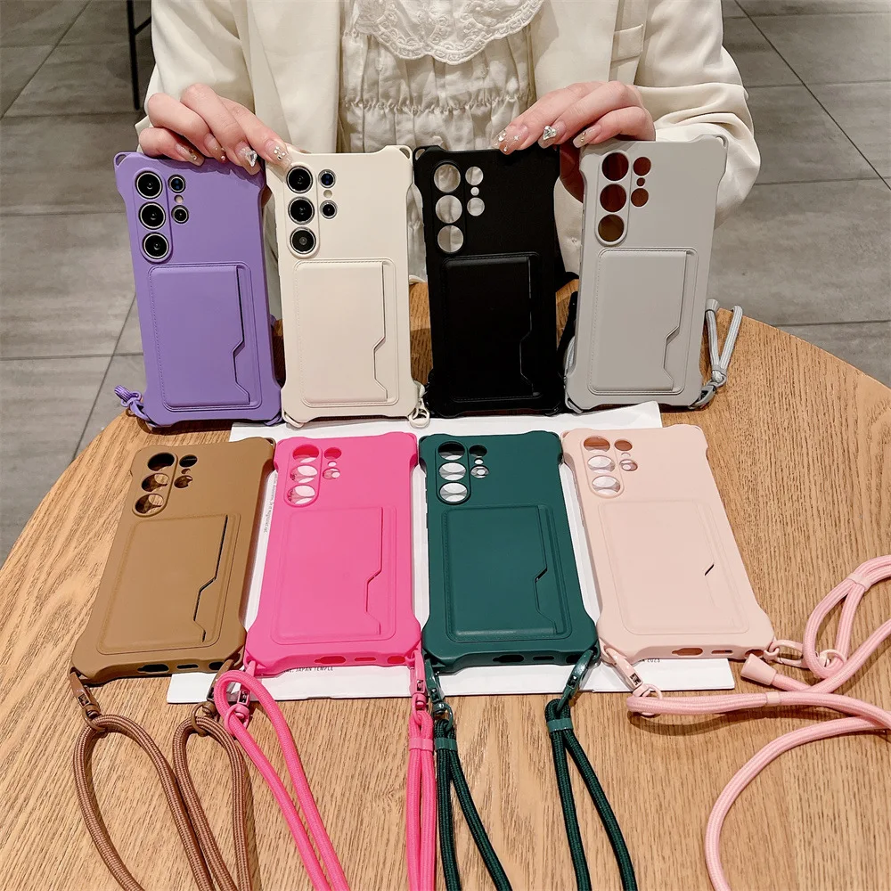 Soft Silicone Phone Case with Card Holder and Lanyard - Shockproof Protection Cover
