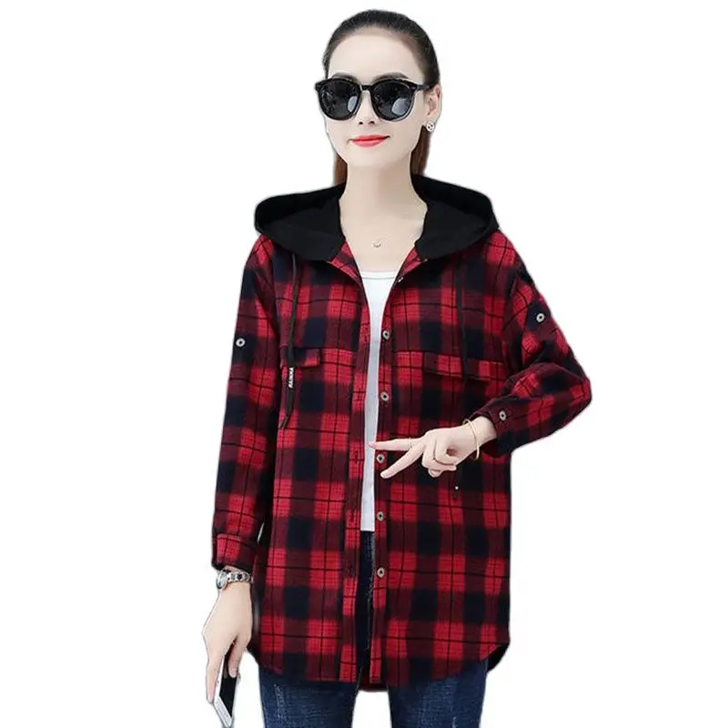 

Spring Autumn Fashion Retro Lattice Hooded Long Sleeves Women Shirt Korean Version Medium Long Letter Printing Lady Shirt Coat