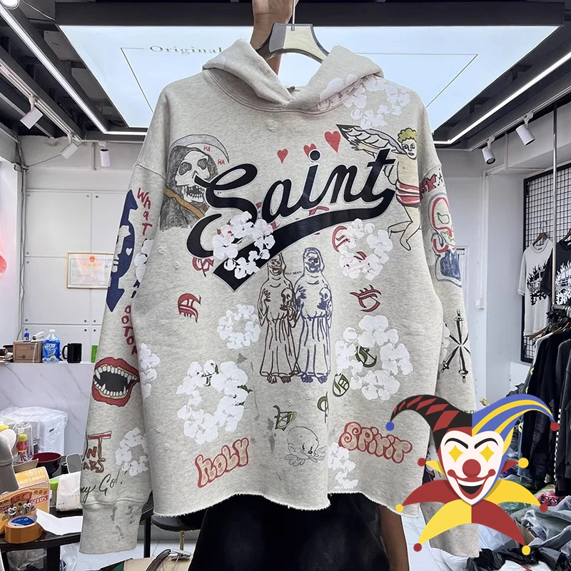 

Saint Michael Vintage Hoodie Men Women Plush Velvet Puff Print Kapok Hooded Pullovers
