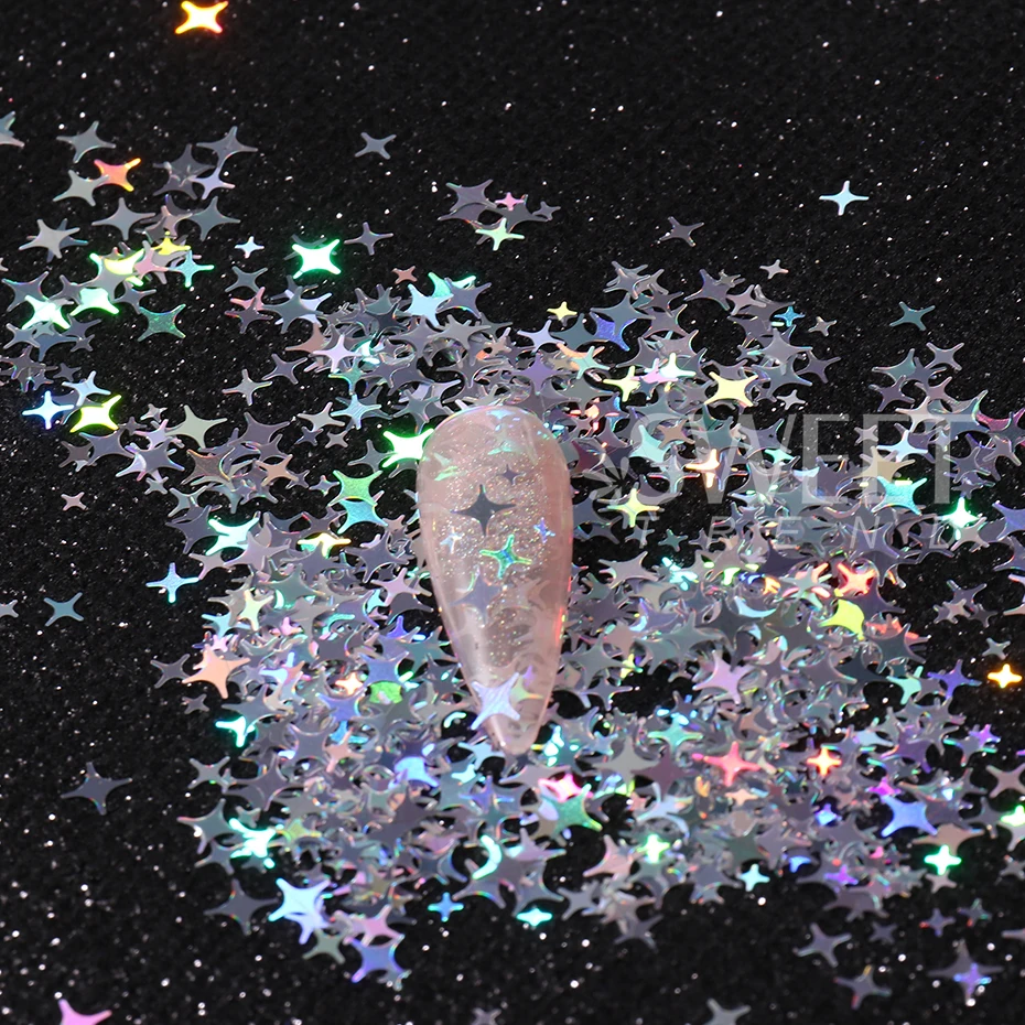3 Bags Holographic Silver Glitter Nail Art Sequins Sparkly Four-pointed Star Shape Flakes Bright Paillette Manicure Decor Slices