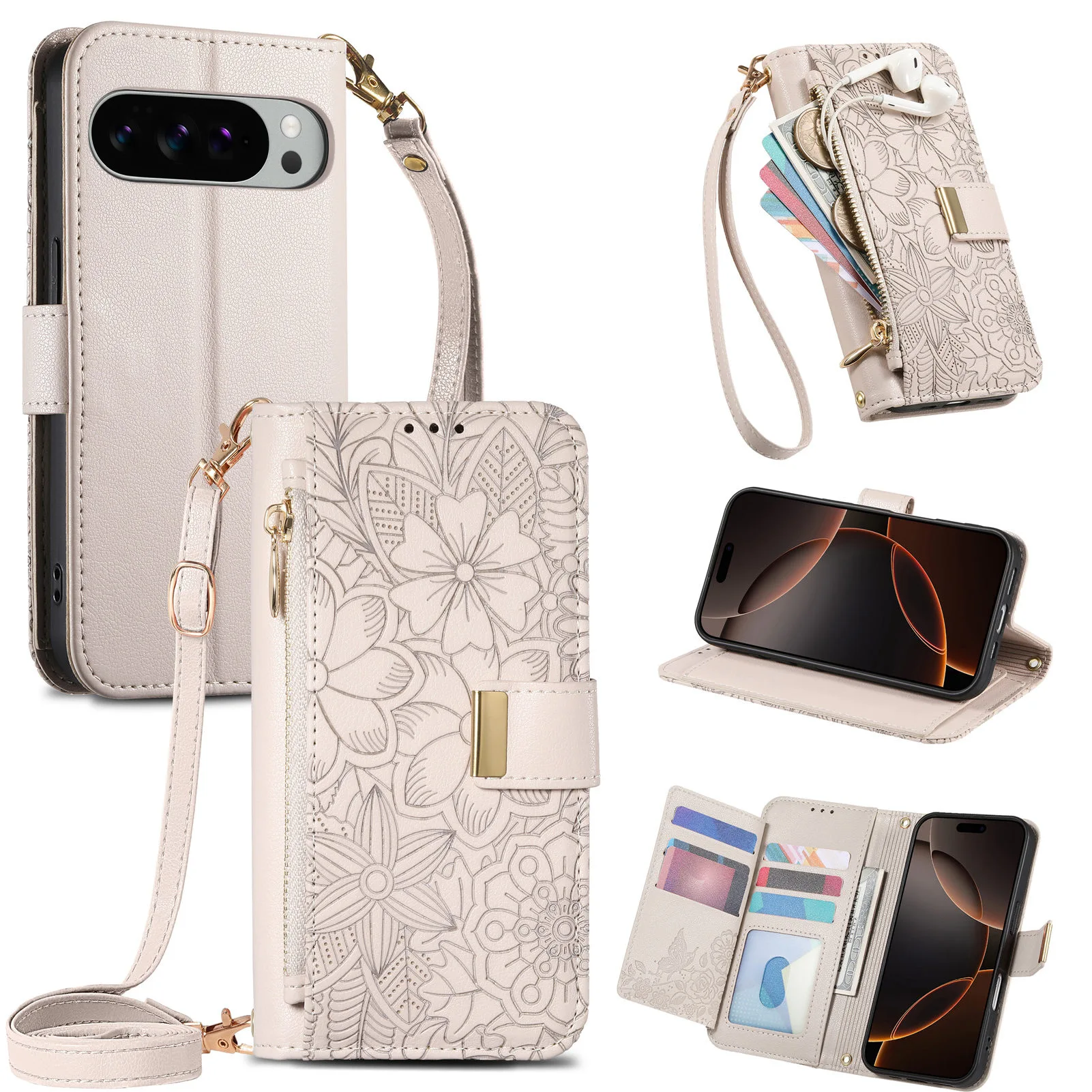 Elegant Crossbody Wrist Strap Leather Flip Wallet Card Holder Phone Case - Enhanced Shockproof Protection