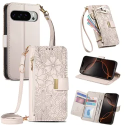 Elegant Crossbody Wrist Strap Leather Flip Wallet Card Holder Phone Case - Enhanced Shockproof Protection - Google Pixel 9 ProXL (White )