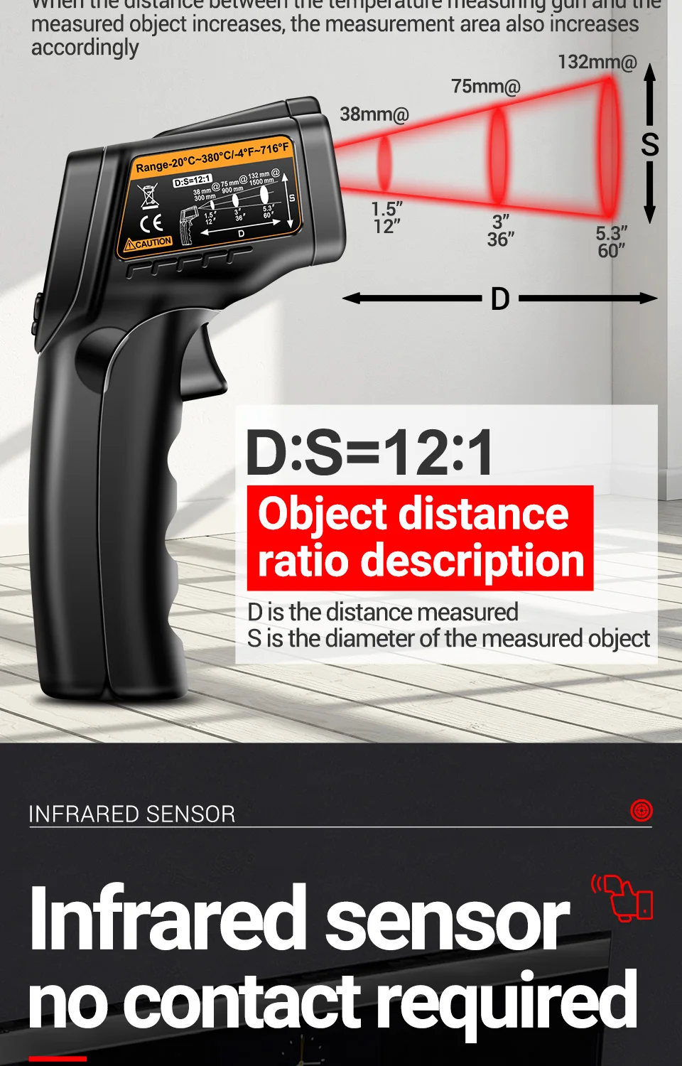 Description Picture 4 of itemANENG TH103 infrared thermometer laser Class II Laser  Temperature Sensor Testers Gun -20°C~380℃ Industrial Thermal Tube Testing