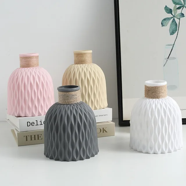 1PC Pineapple Pattern Twine Imitation Ceramic Plastic Vase Simple Water Wave Pattern Flower Arrangement Vase 2